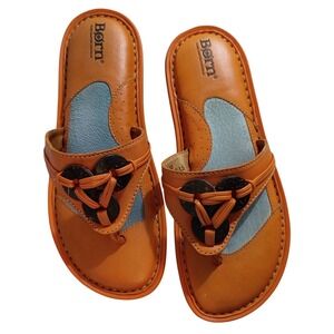 Born Handcrafted Leather Thong Sandals Orange Blue Boho Wood Womens Size 7